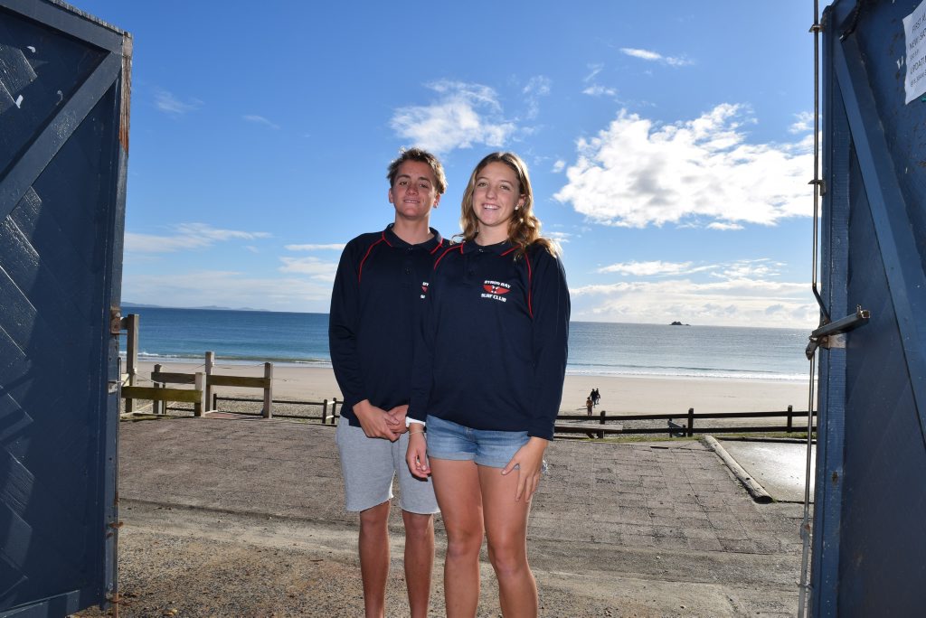 OFF to AUSSIES: Jy Timperley and Caitlin Callahan from Byron Bay Surf Lifesaving Club. Photo Christian Morrow / Byron Shire News OFF to AUSSIES: Jy Timperley and Caitlin Callahan from Byron Bay Surf Lifesaving Club. Photo Christian Morrow / Byron Shire News