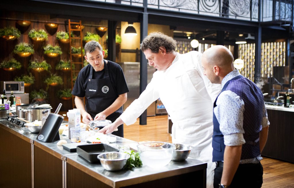 Contestant Matthew Hopcraft, guest chef Marco Pierre White and judge George Calombaris. Contestant Matthew Hopcraft, guest chef Marco Pierre White and judge George Calombaris.