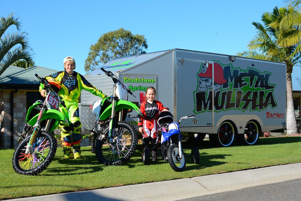 Jayden and Mia Stronach with their motocross bikes, which include Jayden's KX 85 and KX 250F and Mia's peewee 50. Jayden and Mia Stronach with their motocross bikes, which include Jayden's KX 85 and KX 250F and Mia's peewee 50.