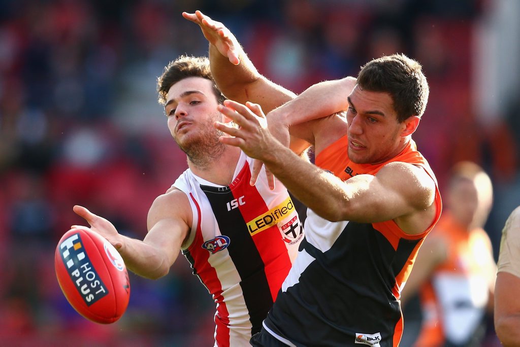 SYDNEY, AUSTRALIA - JULY 12: Dylan Robertson of the Saints and Tom Downie of the Giants contest the ball during the round 15 AFL match between the Greater Western Sydney Giants and the St Kilda Saints at Spotless Stadium on July 12, 2015 in Sydney, Australia. (Photo by Cameron Spencer/Getty Images) SYDNEY, AUSTRALIA - JULY 12: Dylan Robertson of the Saints and Tom Downie of the Giants contest the ball during the round 15 AFL match between the Greater Western Sydney Giants and the St Kilda Saints at Spotless Stadium on July 12, 2015 in Sydney, Australia. (Photo by Cameron Spencer/Getty Images)