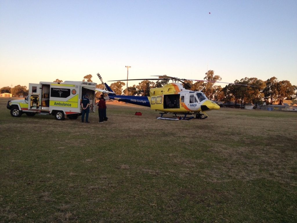 The RACQ CareFlight Rescue helicopter attended two incidents at Miles on Saturday. Photo Contributed The RACQ CareFlight Rescue helicopter attended two incidents at Miles on Saturday. Photo Contributed