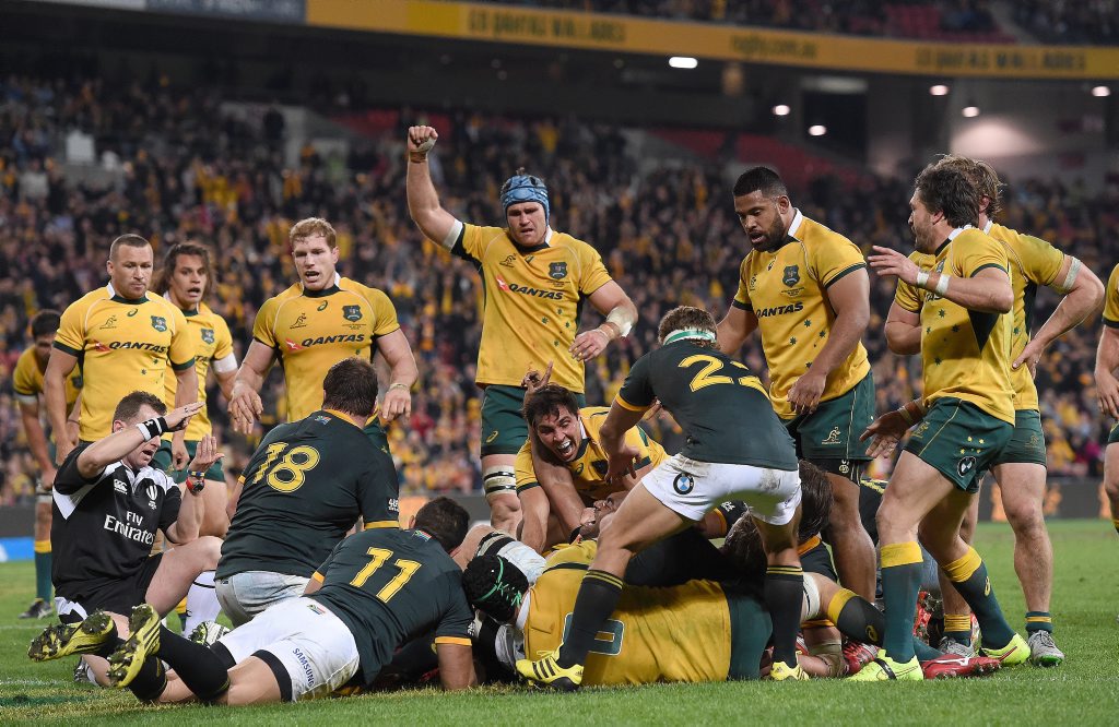 Wallabies player Tevita Kuridrani (centre) reacts after scoring a try after the full time siren and give Australia a win in the Rugby Championship test match against the South African Springboks at Suncorp Stadium in Brisbane Saturday, July 18, 2015. (AAP Image/Dave Hunt) NO ARCHIVING, EDITORIAL USE ONLY Wallabies player Tevita Kuridrani (centre) reacts after scoring a try after the full time siren and give Australia a win in the Rugby Championship test match against the South African Springboks at Suncorp Stadium in Brisbane Saturday, July 18, 2015. (AAP Image/Dave Hunt) NO ARCHIVING, EDITORIAL USE ONLY