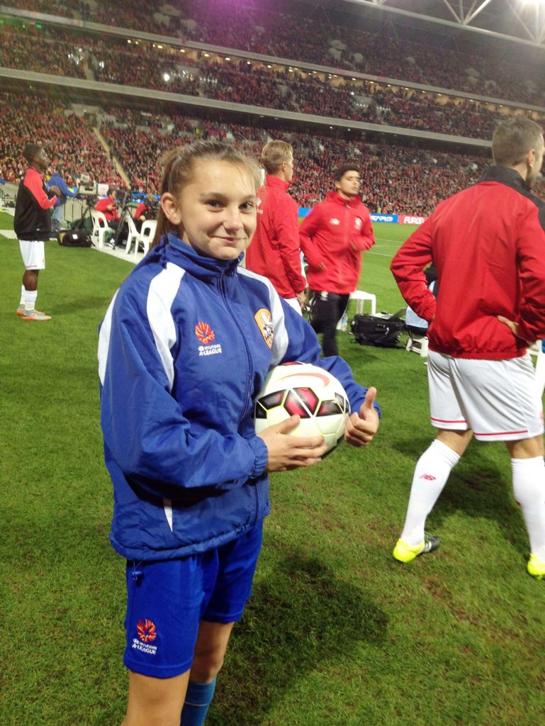 Ipswich teenager Natasha Ridley was a ball person at the Liverpool v Brisbane Roar football match in Brisbane. Photo Contributed