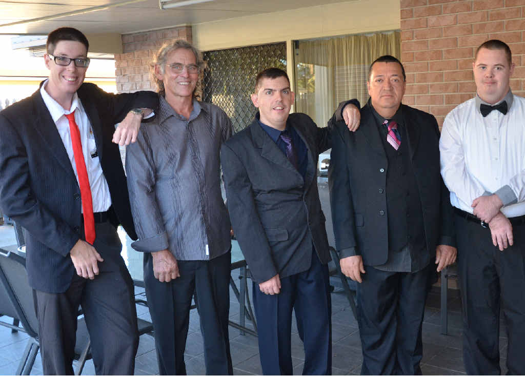 GRAND ENTRANCE: Curtis McGregor, Alan Muir (volunteer), Shaun Hutchings, Spero Hnoudis and Deon Hume get set for their red carpet entrance at the Avegates Gala Ball.