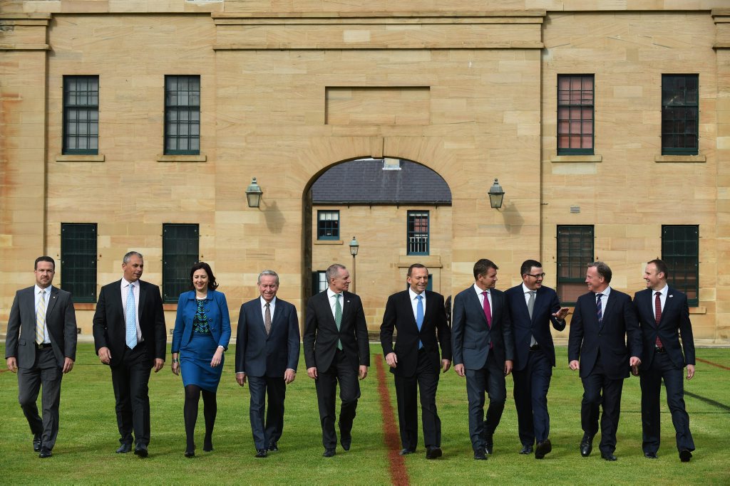 PHOTO SHOOT: State and territory leaders and a local government representative join Tony Abbott at Sydney’s Victoria Barracks yesterday. PHOTO SHOOT: State and territory leaders and a local government representative join Tony Abbott at Sydney’s Victoria Barracks yesterday.
