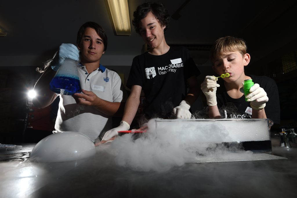Casino High School students Declan Bienke, 15, and Kyle Parry, 16, and Jake Gollan, 16, participate in the National Indeginous Science Education Program in partnership with Macquarie University. Photo Marc Stapelberg / The Northern Star