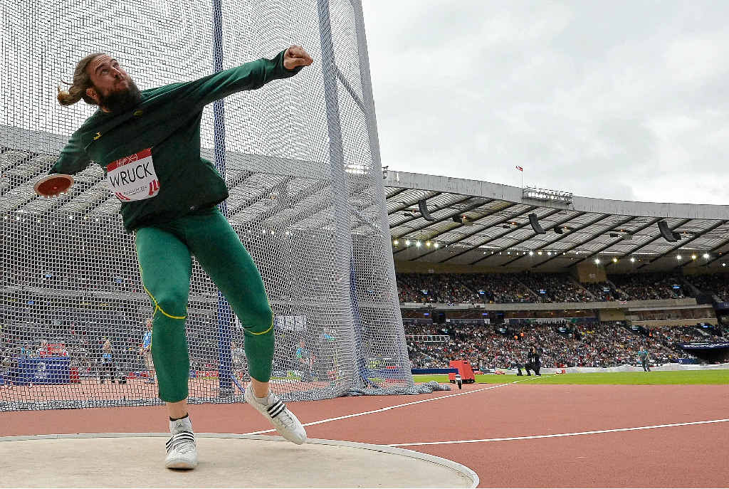 TOWE OF STRENGTH: Australia’s Julian Wruck competes in the qualifying round of the men’s discus throw athletics event at the Commonwealth Games in Glasgow in 2014. TOWE OF STRENGTH: Australia’s Julian Wruck competes in the qualifying round of the men’s discus throw athletics event at the Commonwealth Games in Glasgow in 2014.