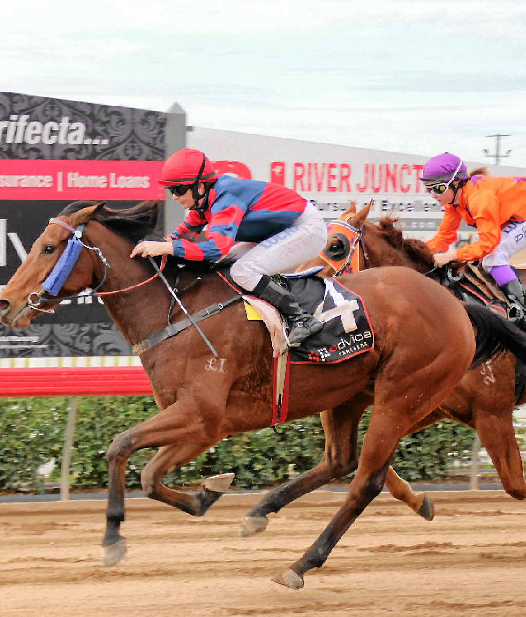 ALMOST THERE: Race 3, winner number 4, Foregone with jockey Kelly Gates sprint for the line. ALMOST THERE: Race 3, winner number 4, Foregone with jockey Kelly Gates sprint for the line.