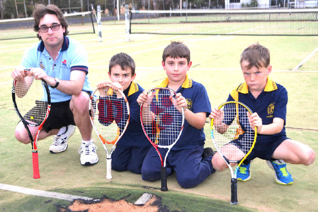 SAD STATE: Tennis coach Matthew Bourke, with players Harry Humphries, Harry Russell and Lincoln Tate, says his club is in desperate need of funds. SAD STATE: Tennis coach Matthew Bourke, with players Harry Humphries, Harry Russell and Lincoln Tate, says his club is in desperate need of funds.