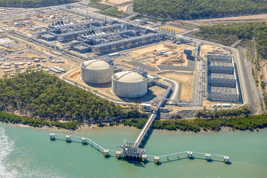 An aerial view of the APLNG site on Curtis Island, Gladstone, in July 2015. The flares can be seen in the bottom right corner. An aerial view of the APLNG site on Curtis Island, Gladstone, in July 2015. The flares can be seen in the bottom right corner.