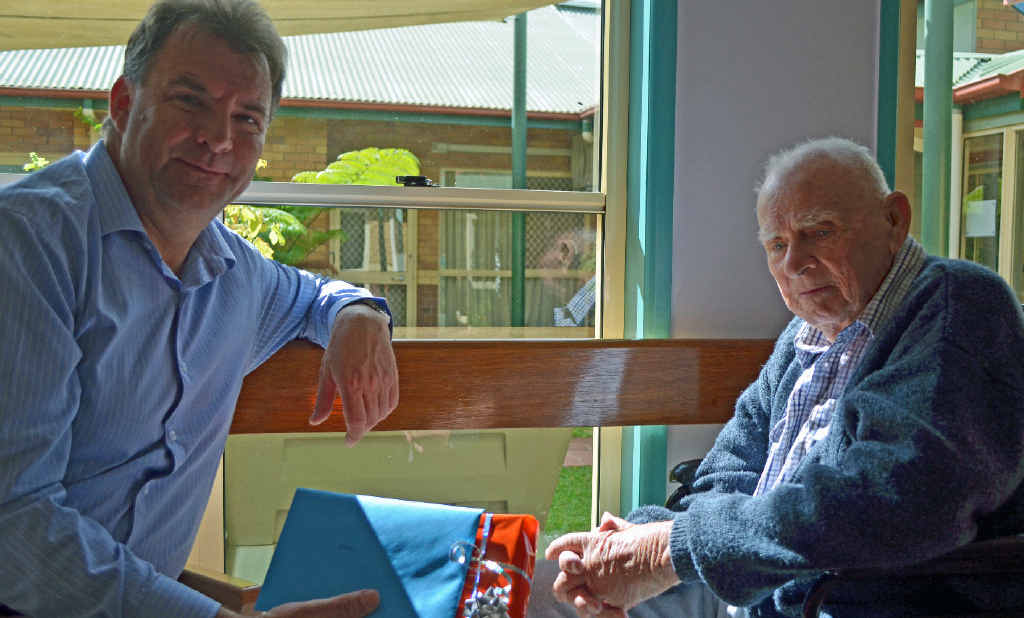 LEFT, HAPPY BIRTHDAY: Noel Schmidt celebrating turning 101 with a visit from Member for Burnett Stephen Bennett. LEFT, HAPPY BIRTHDAY: Noel Schmidt celebrating turning 101 with a visit from Member for Burnett Stephen Bennett.