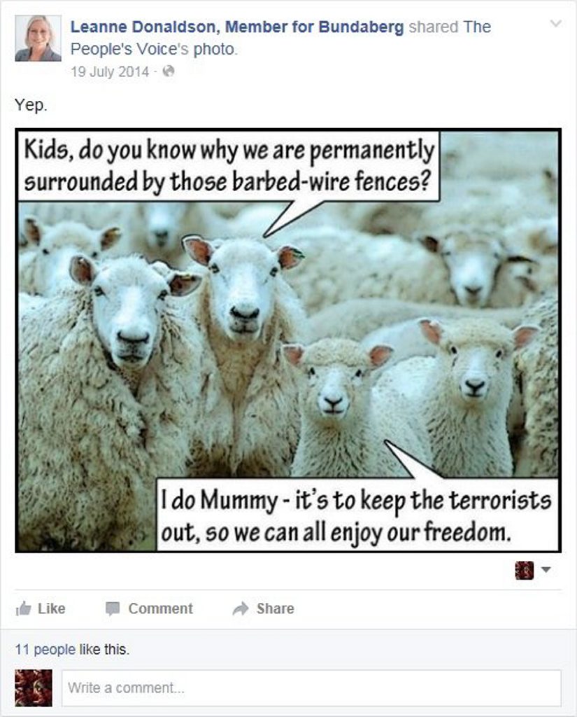 This meme was posted to Member for Bundaberg Leanne Donaldson's official Facebook page. This meme was posted to Member for Bundaberg Leanne Donaldson's official Facebook page.