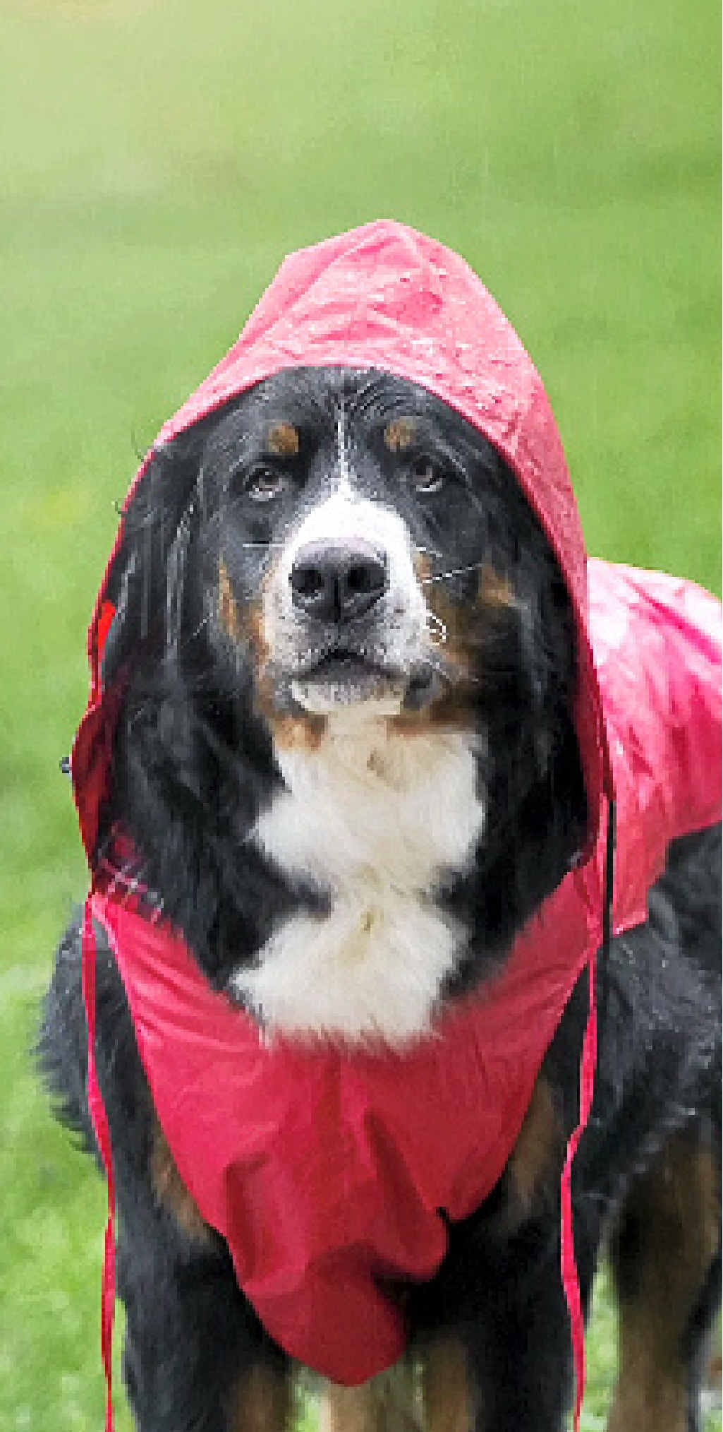 ABOVE: Bernese mountain dog dressed for rain. ABOVE: Bernese mountain dog dressed for rain.