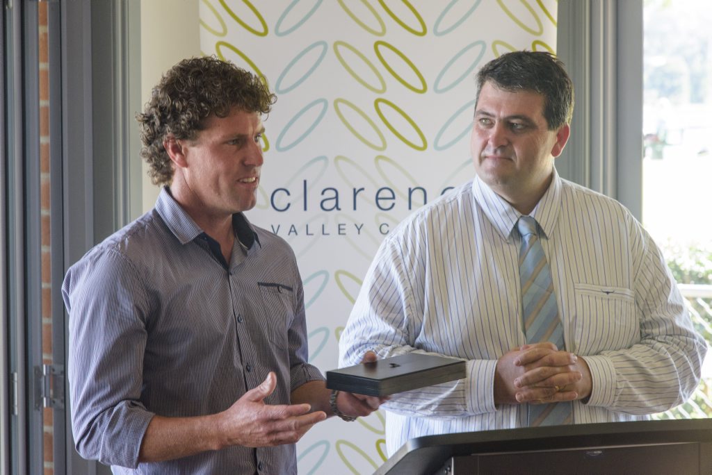 Former Australian hockey captain Brent Livermore receives the Clarence Valley Council ambassador award from mayor Richie Williamson. Photo Adam Hourigan / The Daily Examiner Former Australian hockey captain Brent Livermore receives the Clarence Valley Council ambassador award from mayor Richie Williamson. Photo Adam Hourigan / The Daily Examiner