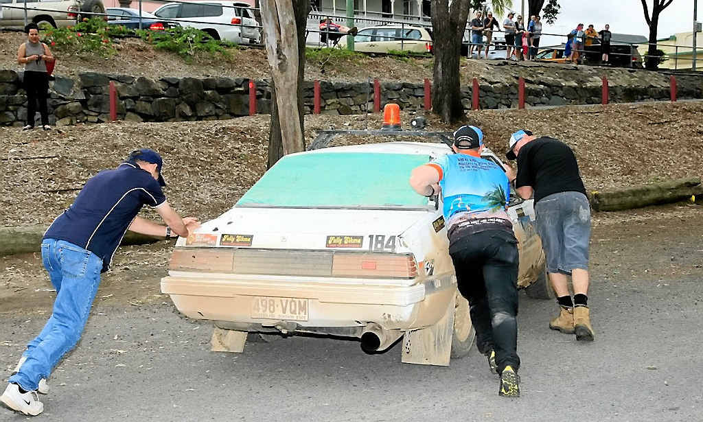 ROLLER-COASTER: The 1984 Sigma of Tyson Kadel and Steve Izzeard needed to be pushed over the finish line in the Great Endeavour Rally in Rockhampton.