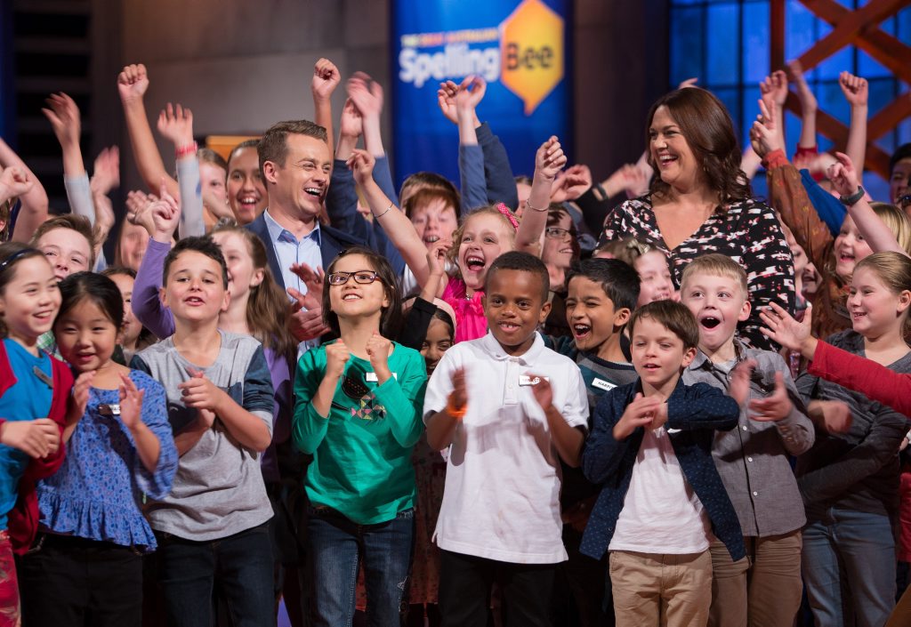 Grant Denyer and Chrissie Swan pictured with contestants from The Great Australian Spelling Bee. Grant Denyer and Chrissie Swan pictured with contestants from The Great Australian Spelling Bee.