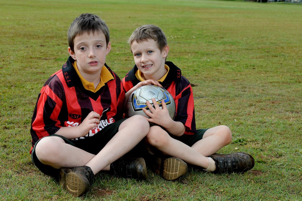 Shawn Rogers, 9, is legally blind, he plays soccer with Alstonville Cheetahs. The ball has bells in it so he can hear it. He scored a goal last weekend. Pictured here with his brother Rhyan Rogers, 7, who plays in the same team. Photo Mireille Merlet-Shaw / Northern Star Shawn Rogers, 9, is legally blind, he plays soccer with Alstonville Cheetahs. The ball has bells in it so he can hear it. He scored a goal last weekend. Pictured here with his brother Rhyan Rogers, 7, who plays in the same team. Photo Mireille Merlet-Shaw / Northern Star