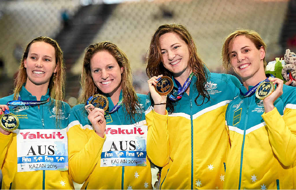 GOLDEN GIRLS: Gold medallists Cate Campbell, Bronte Campbell, Emma McKeon and Emily Seebohm pose during the podium ceremony of the women’s 4x100m freestyle relay at the 2015 FINA World Championships in Kazan. GOLDEN GIRLS: Gold medallists Cate Campbell, Bronte Campbell, Emma McKeon and Emily Seebohm pose during the podium ceremony of the women’s 4x100m freestyle relay at the 2015 FINA World Championships in Kazan.