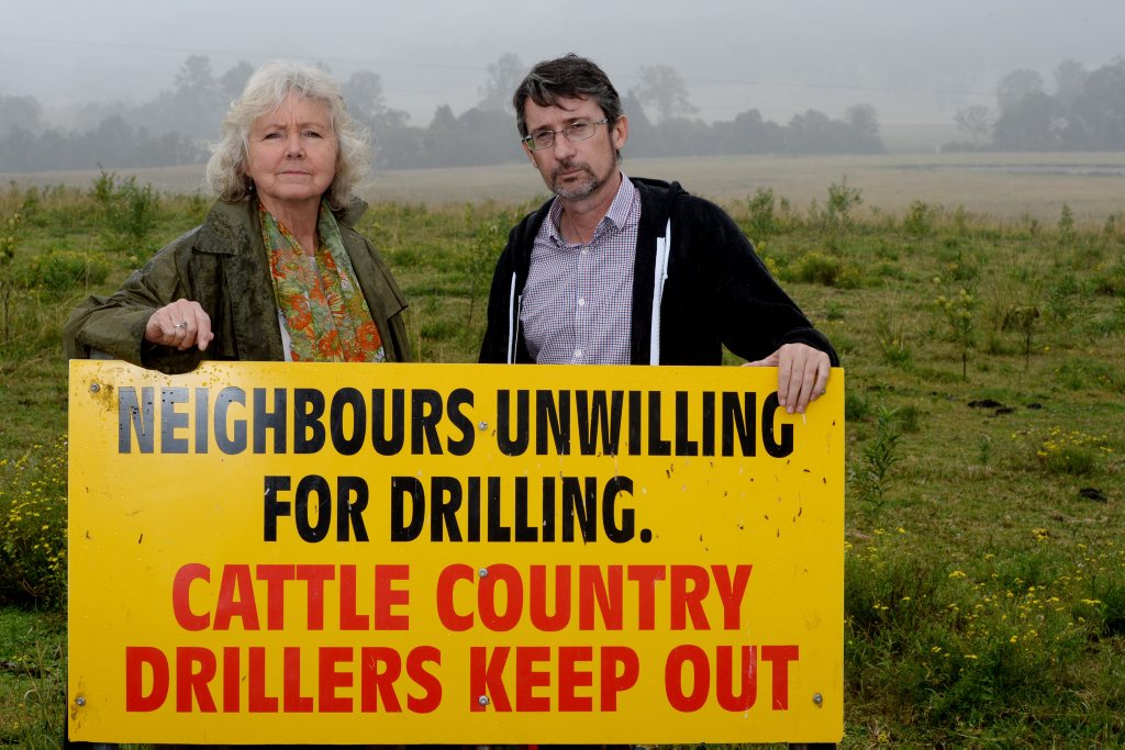 Meg Nielsen, Bentley farmer and Dean Draper, Gass field free Northern Rivers Coordinator and land holder at the Bentley CSG site. Photo Mireille Merlet-Shaw / Northern Star Meg Nielsen, Bentley farmer and Dean Draper, Gass field free Northern Rivers Coordinator and land holder at the Bentley CSG site. Photo Mireille Merlet-Shaw / Northern Star