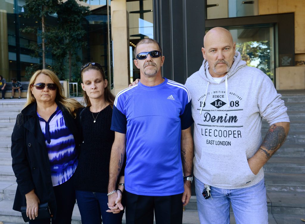 GRIEVING FAMILY: The family of alleged one-punch victim Lindsay Ede from left, Kim Stevens, Linda and Terry Bishop and Greg King outside Ipswich Courthouse. GRIEVING FAMILY: The family of alleged one-punch victim Lindsay Ede from left, Kim Stevens, Linda and Terry Bishop and Greg King outside Ipswich Courthouse.