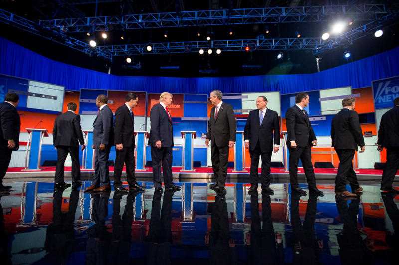Republican presidential candidates from left, New Jersey Gov. Chris Christie, Sen. Marco Rubio, R-Fla., Ben Carson, Wisconsin Gov. Scott Walker, Donald Trump, former Florida Gov. Jeb Bush, former Arkansas Gov. Mike Huckabee, Sen. Ted Cruz, R-Texas, Sen. Rand Paul, R-Ky., and Ohio Gov. John Kasich take the stage for the first Republican presidential debate at the Quicken Loans Arena. Republican presidential candidates from left, New Jersey Gov. Chris Christie, Sen. Marco Rubio, R-Fla., Ben Carson, Wisconsin Gov. Scott Walker, Donald Trump, former Florida Gov. Jeb Bush, former Arkansas Gov. Mike Huckabee, Sen. Ted Cruz, R-Texas, Sen. Rand Paul, R-Ky., and Ohio Gov. John Kasich take the stage for the first Republican presidential debate at the Quicken Loans Arena.