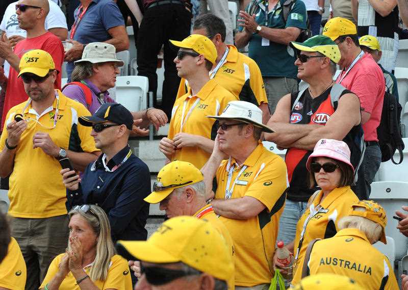 Australia fans watch from the stands during day three of the fourth Ashes Test cricket match, at Trent Bridge, Nottingham, England, Saturday, Aug. 8 2015. England beat Australia by an innings and 78 runs to retain the Ashes. Australia fans watch from the stands during day three of the fourth Ashes Test cricket match, at Trent Bridge, Nottingham, England, Saturday, Aug. 8 2015. England beat Australia by an innings and 78 runs to retain the Ashes.