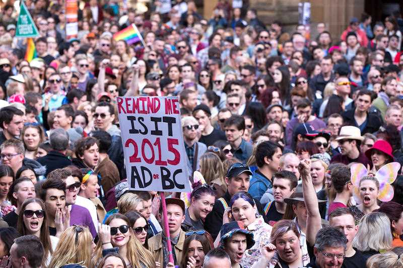 Same-Sex marriage activists march in the street during a Same-Sex Marriage rally in Sydney, Sunday, Aug. 9, 2015. Same-Sex marriage activists march in the street during a Same-Sex Marriage rally in Sydney, Sunday, Aug. 9, 2015.