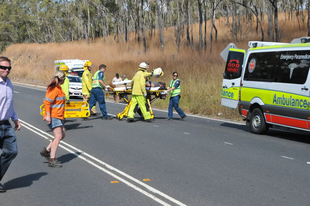Three people were in a Ford Ranger when it rolled down an embankment off the Gladstone Beneraby Road on Tuesday morning. Three people were in a Ford Ranger when it rolled down an embankment off the Gladstone Beneraby Road on Tuesday morning.