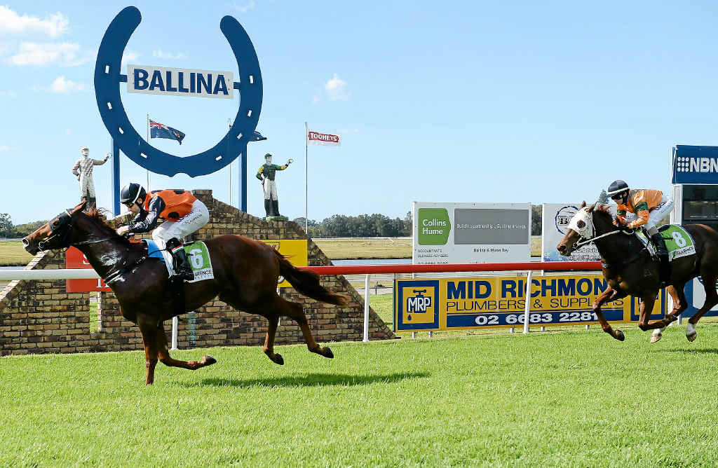 OVER THE LINE: Pietro Romeo rode Prince Raheeb to a win in the Vale Kevin Nipperess 3YO Maiden Plate (1610m) at the Ballina Jockey Club yesterday. OVER THE LINE: Pietro Romeo rode Prince Raheeb to a win in the Vale Kevin Nipperess 3YO Maiden Plate (1610m) at the Ballina Jockey Club yesterday.