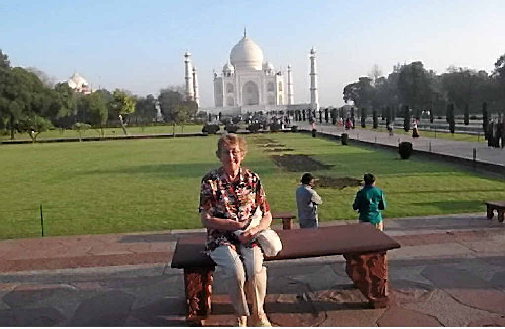 Colleen Young at the Taj Mahal, Agra, India, in March 2015. India was the 60th country Colleen visited and the Taj is now crossed off her monument bucket list..