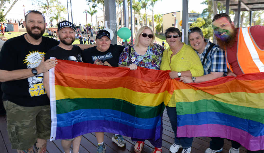 MARCHING WITH PRIDE: Andrew Patterson, Troy Gregory, Kelly Drake, Christie Green-Willams, Debbie Gilson, Gemma Mann and Joel Tann at the marriage equality rally held in Rockhampton yesterday. MARCHING WITH PRIDE: Andrew Patterson, Troy Gregory, Kelly Drake, Christie Green-Willams, Debbie Gilson, Gemma Mann and Joel Tann at the marriage equality rally held in Rockhampton yesterday.
