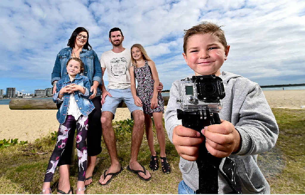 STAKE A CLAIM: The Baker family, Eden, 7, Jess, Levi, Taite, 9 and Archie, 4, of Maroochydore, have found a GoPro camera and would like to return it to its owner (inset), who is believed to have an American or Canadian accent. STAKE A CLAIM: The Baker family, Eden, 7, Jess, Levi, Taite, 9 and Archie, 4, of Maroochydore, have found a GoPro camera and would like to return it to its owner (inset), who is believed to have an American or Canadian accent.