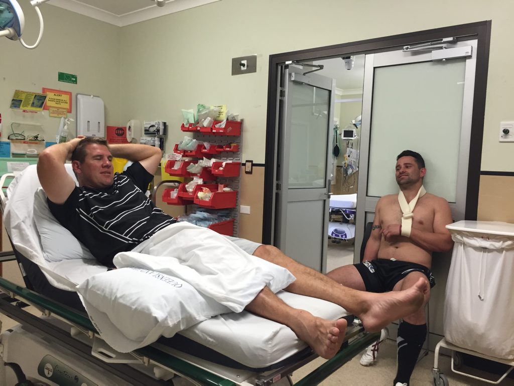 Matthew Harris (left) is resigned to his fate and chats with fellow injured stalwart Lee Williams. Matthew Harris (left) is resigned to his fate and chats with fellow injured stalwart Lee Williams.