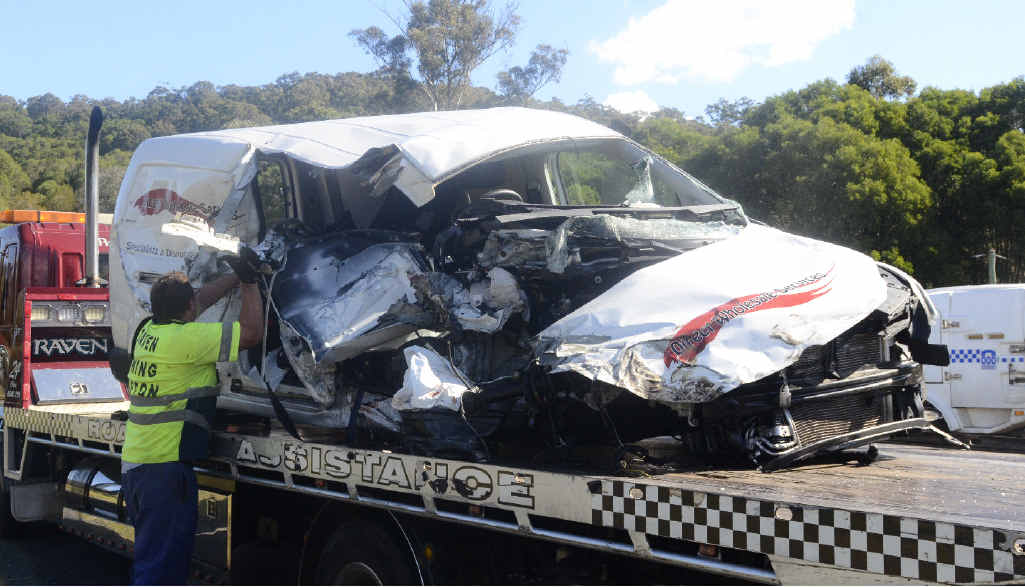 CRASH: This van collided with a truck on the Pacific Highway, 3km north of Maclean. CRASH: This van collided with a truck on the Pacific Highway, 3km north of Maclean.