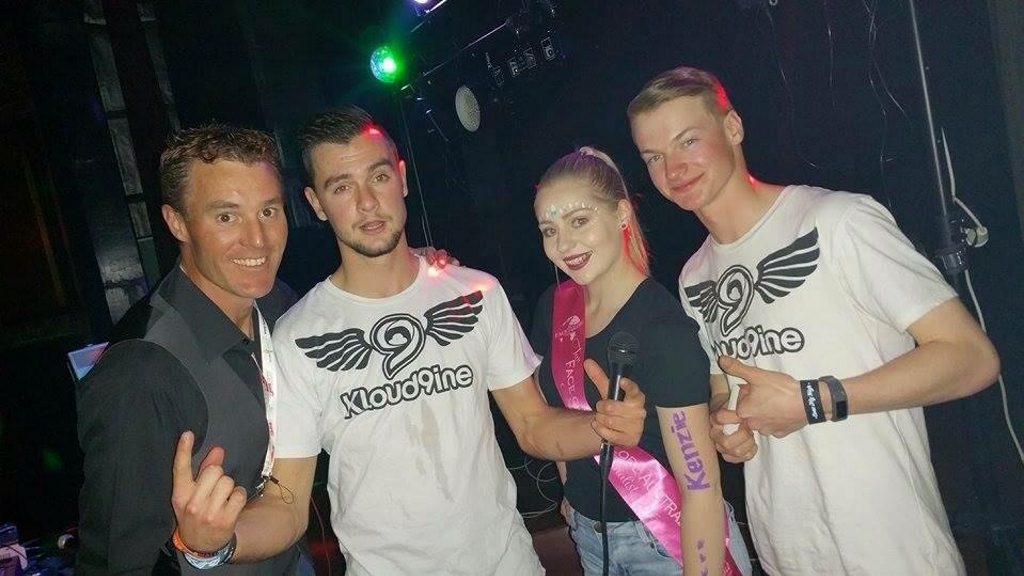 DJ Adam Skurrie, Kloud9ine's Dakota Perry, Teen Face of the Globe Australia national finalist Emily Martin and Kloud9ine's Jamie Lawson at BASSDROP. 