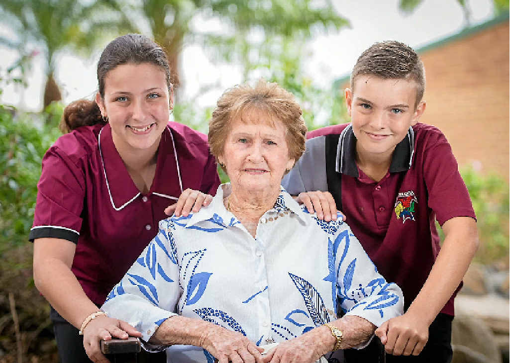 ACROSS GENERATIONS: Students Olivia Retort and TJ Bowers with Nola Twiner. ACROSS GENERATIONS: Students Olivia Retort and TJ Bowers with Nola Twiner.