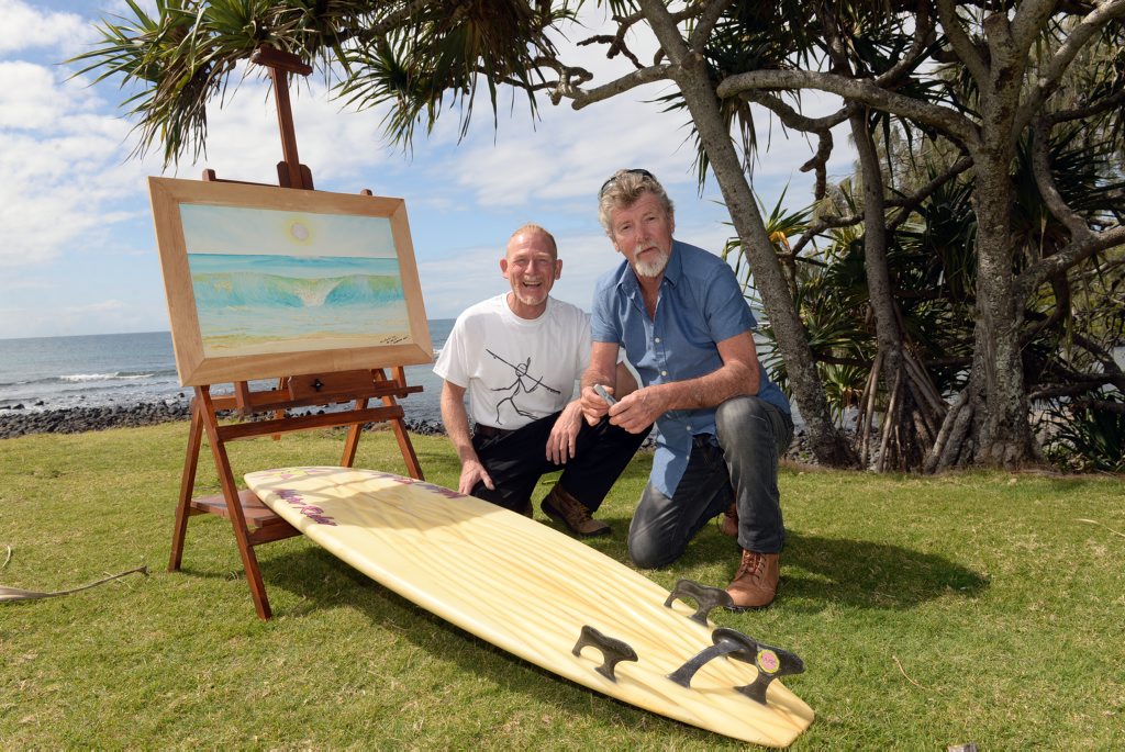 STILL REMEMBER: Artist Tono Taylor presented surfer Nev Evans with a painting depicting his memories of his days as a grom surfing. STILL REMEMBER: Artist Tono Taylor presented surfer Nev Evans with a painting depicting his memories of his days as a grom surfing.