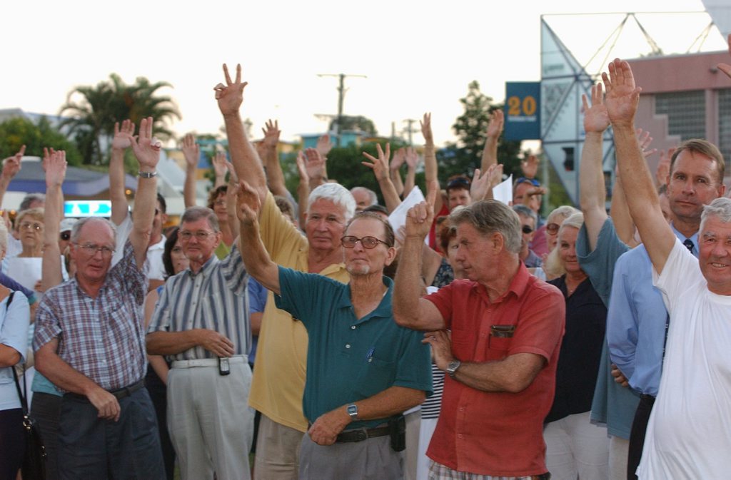 FLASHBACK TO 2002: Public vote at the Save Brisbane Road Carpark rally. FLASHBACK TO 2002: Public vote at the Save Brisbane Road Carpark rally.