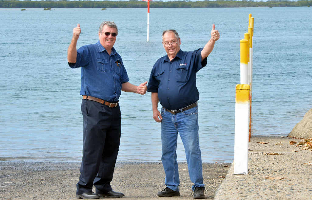 Happy men: Lance Murray (left) and Geoff Walsh celebrate the news of the net-free zones at the River St boat ramp yesterday. Happy men: Lance Murray (left) and Geoff Walsh celebrate the news of the net-free zones at the River St boat ramp yesterday.