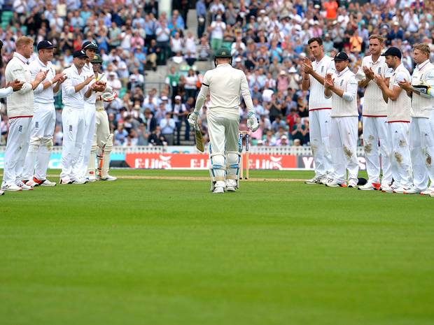 Australian captain Michael Clarke given guard of honour as walks out. Australian captain Michael Clarke given guard of honour as walks out.