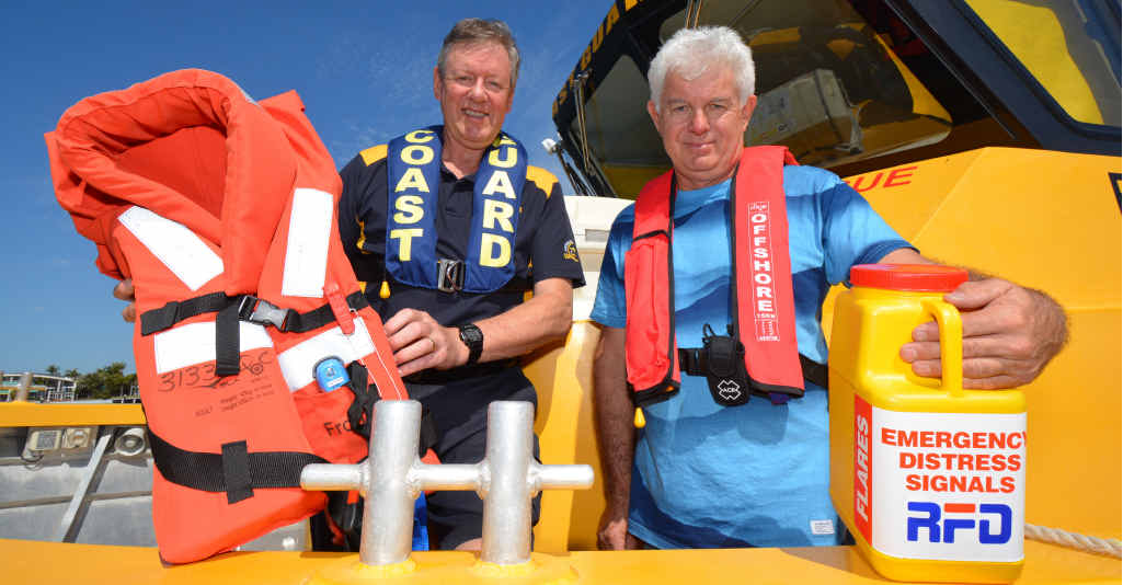 PLEASE PLAY IT SAFE: Coast Guard QF6 Mooloolaba commander Ian Hunt and Mike Middleton show off the safety equipment every boatie should have onboard. PLEASE PLAY IT SAFE: Coast Guard QF6 Mooloolaba commander Ian Hunt and Mike Middleton show off the safety equipment every boatie should have onboard.
