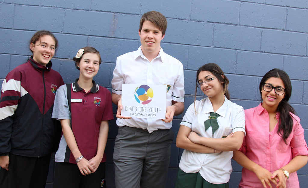 FROM LEFT: Gladstone Youth for Cultural Diversity members Mathilda Moore, Jasmine Elliott, Milton Redshaw, Dania and Diyar Lami at the WIN centre. FROM LEFT: Gladstone Youth for Cultural Diversity members Mathilda Moore, Jasmine Elliott, Milton Redshaw, Dania and Diyar Lami at the WIN centre.