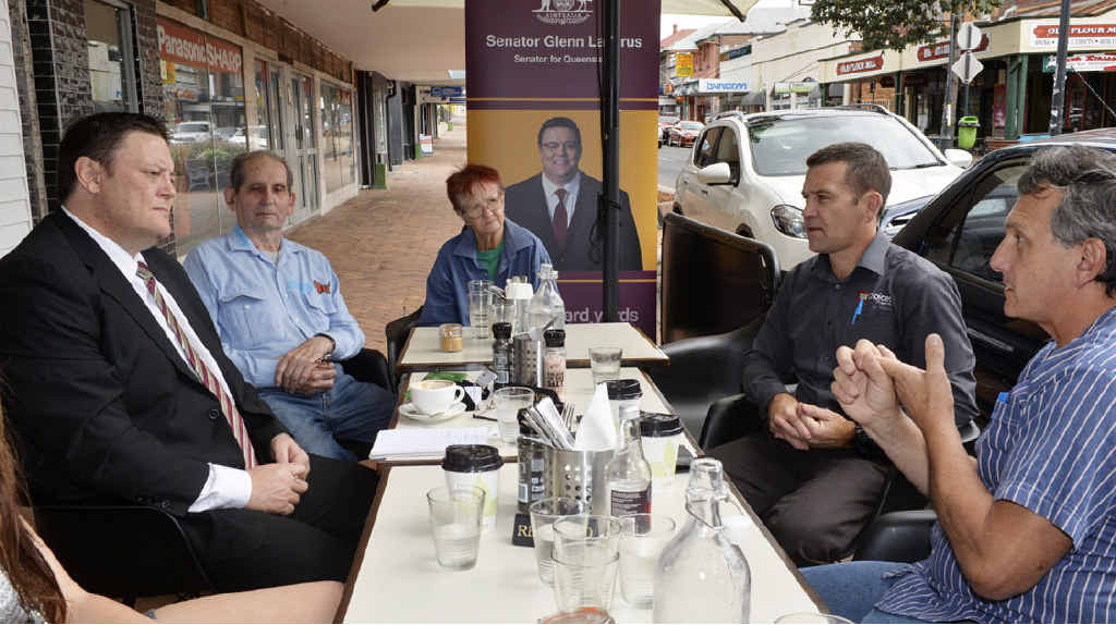 ALL EARS: Senator Glenn Lazarus shares a coffee with Ipswich residents and listens to their issues and concerns on a wide variety of topics. ALL EARS: Senator Glenn Lazarus shares a coffee with Ipswich residents and listens to their issues and concerns on a wide variety of topics.