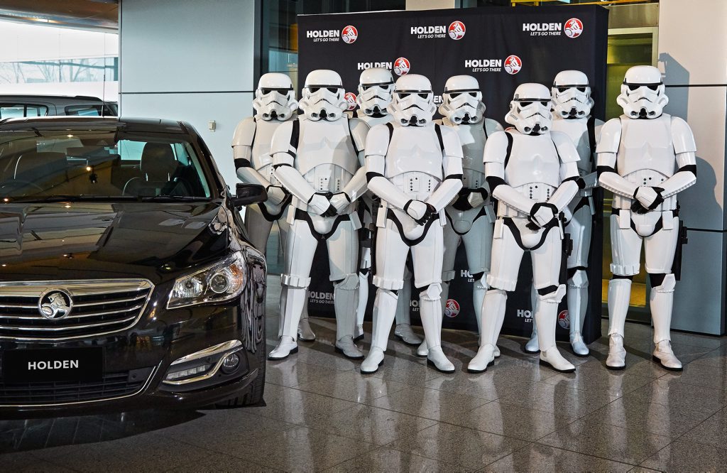 FORCE IS STRONG: Lord Vader masquerading as a Holden Calais gets full Storm Trooper protection FORCE IS STRONG: Lord Vader masquerading as a Holden Calais gets full Storm Trooper protection