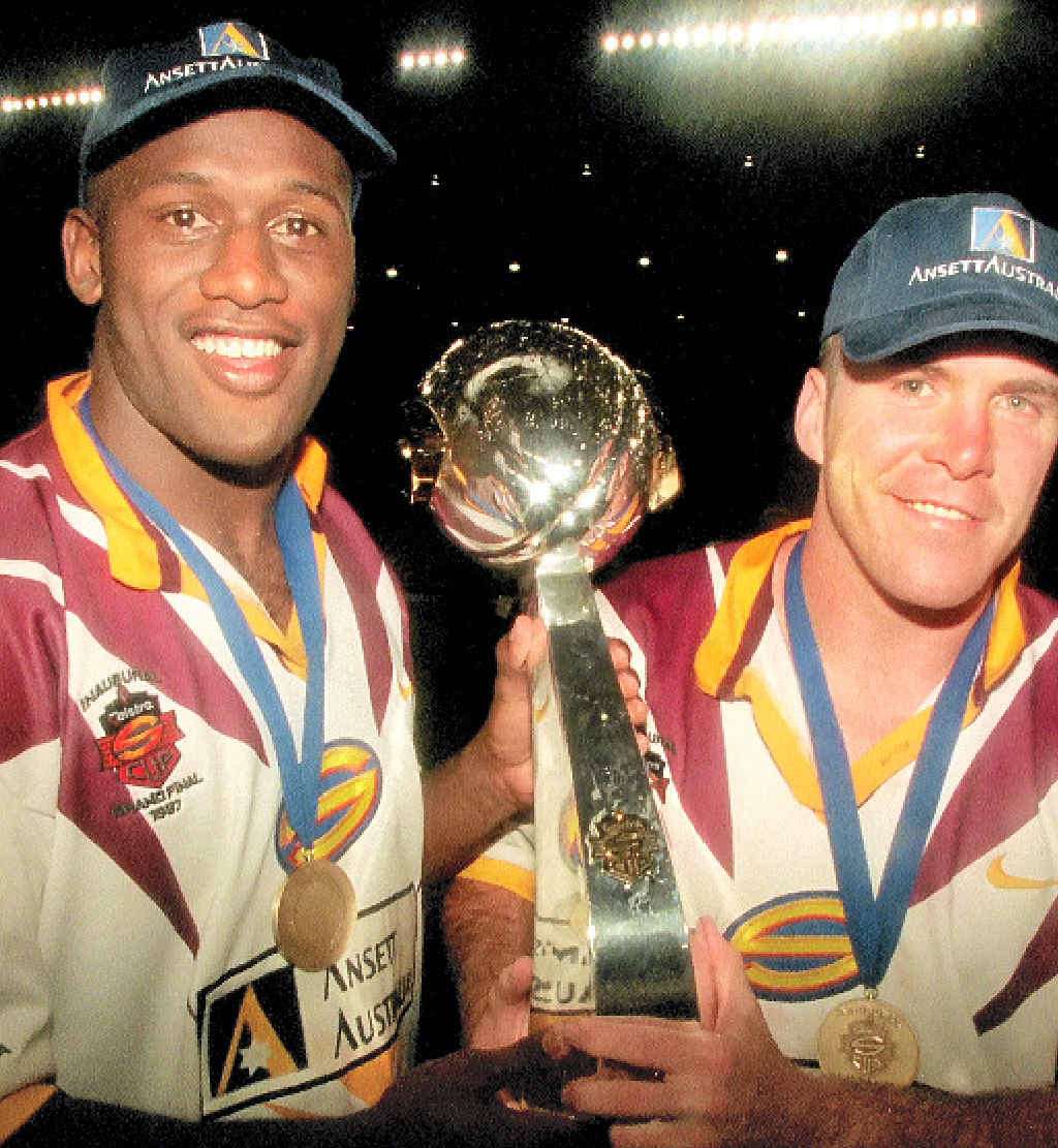 SUPER LEAGUE: Wendell Sailor and Darren Smith, of the Broncos, celebrate victory after the 1997 grand final. SUPER LEAGUE: Wendell Sailor and Darren Smith, of the Broncos, celebrate victory after the 1997 grand final.