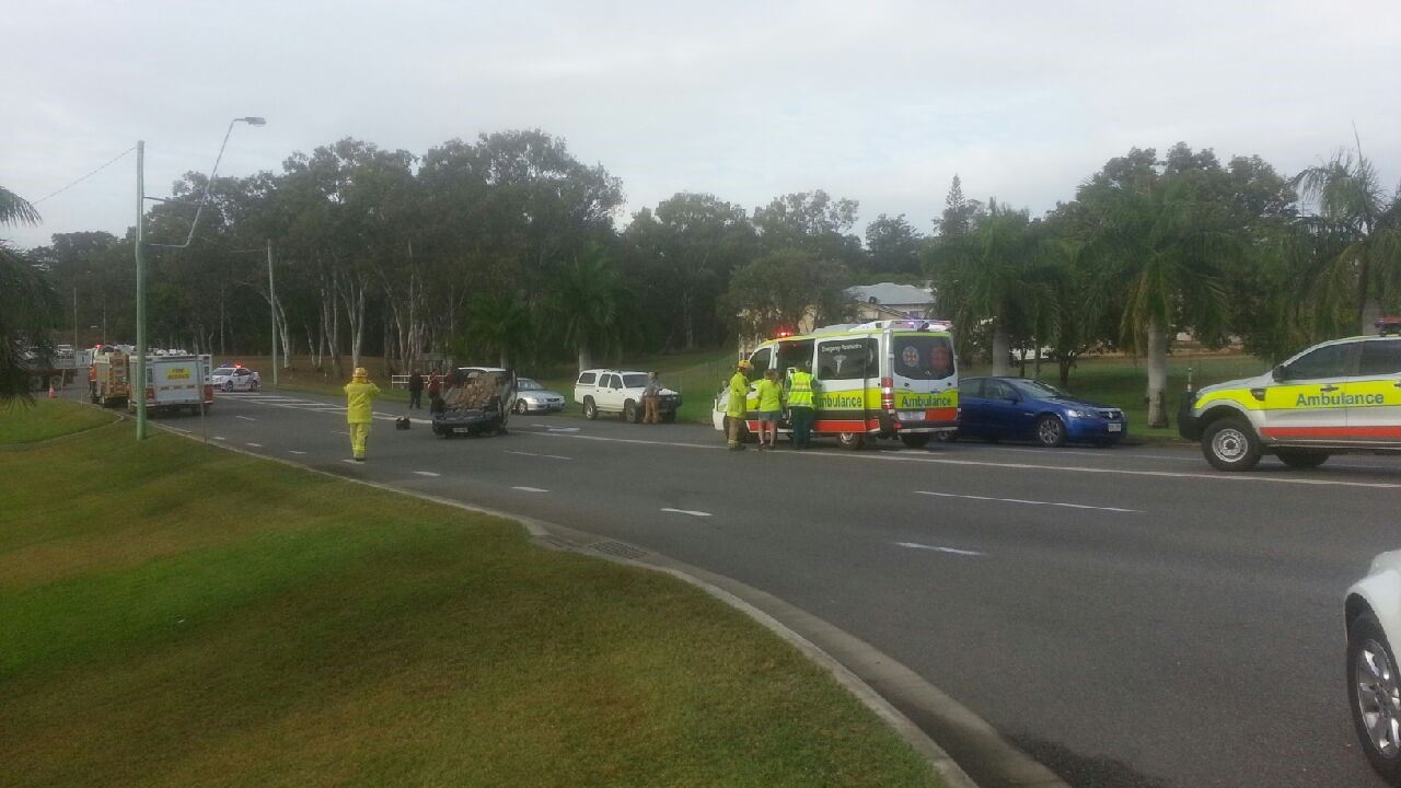 A car has overturned on Glenlyon Rd, Gladstone, this morning. A car has overturned on Glenlyon Rd, Gladstone, this morning.