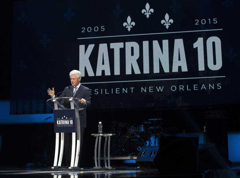 Former President Bill Clinton speaks at an event marking the 10-year anniversary of Hurricane Katrina, Saturday, Aug. 29, 2015, in New Orleans. The event also featured remarks by House Minority Leader Rep. Nancy Pelosi, D-Calif. Former President Bill Clinton speaks at an event marking the 10-year anniversary of Hurricane Katrina, Saturday, Aug. 29, 2015, in New Orleans. The event also featured remarks by House Minority Leader Rep. Nancy Pelosi, D-Calif.