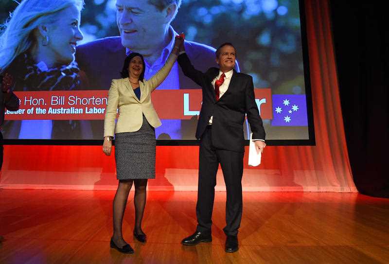Federal Opposition Leader Bill Shorten and Queensland Premier Annastacia Palaszczuk (left) wave to a cheering crowd at the ALP Queensland conference in Brisbane, Sunday, Aug. 30, 2015. Federal Opposition Leader Bill Shorten and Queensland Premier Annastacia Palaszczuk (left) wave to a cheering crowd at the ALP Queensland conference in Brisbane, Sunday, Aug. 30, 2015.