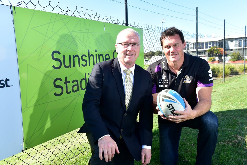 Sunshine Coast stadium will host the Melbourne Storm for a training camp prior to their clash with the Broncos. Mayor, Mark Jamieson, hopes to bring more big teams to the area to use the facilities on offer. (from left) Mayor Mark Jamieson and Matt Adamson of Melbourne Storm. Photo: Che Chapman / Sunshine Coast Daily Sunshine Coast stadium will host the Melbourne Storm for a training camp prior to their clash with the Broncos. Mayor, Mark Jamieson, hopes to bring more big teams to the area to use the facilities on offer. (from left) Mayor Mark Jamieson and Matt Adamson of Melbourne Storm. Photo: Che Chapman / Sunshine Coast Daily