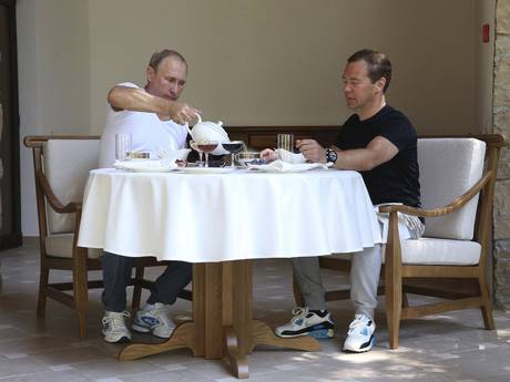 Putin and Medvedev have tea after their workout Putin and Medvedev have tea after their workout